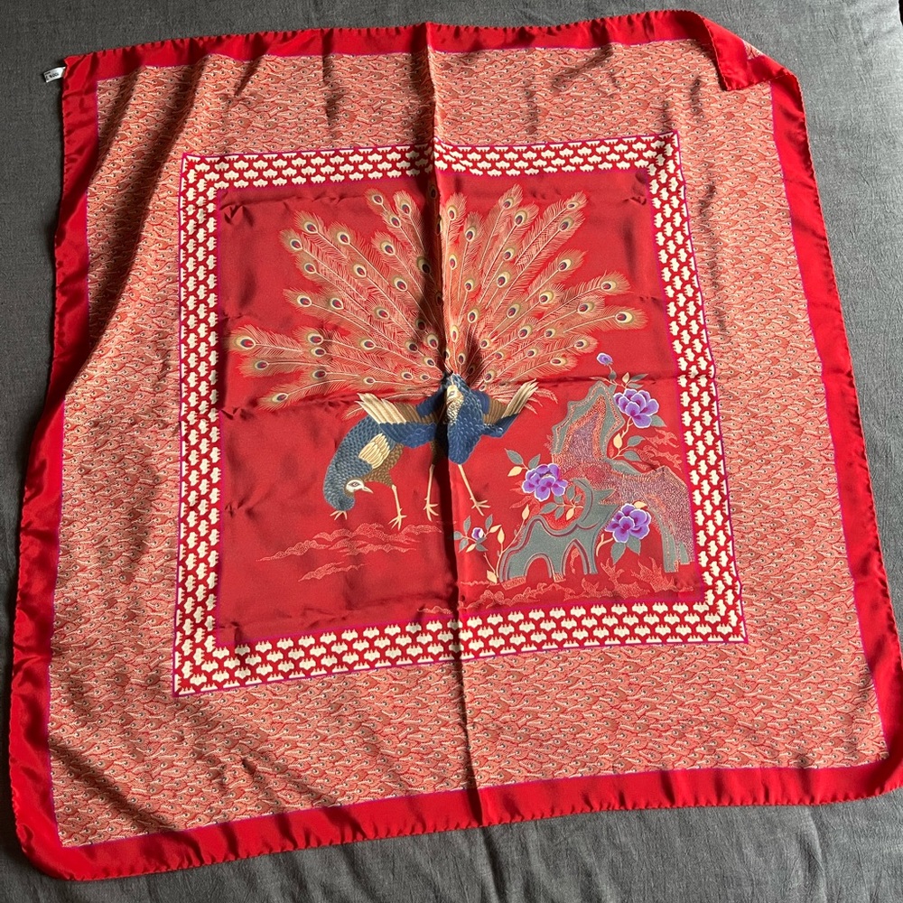 Bottega Veneta Red Silk Scarf with Peacock Design